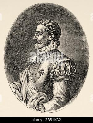 Portrait d'Alonso de Ercilla et Zúñiga (Madrid 1533 - Ocaña 1594). Poète et soldat espagnol, auteur de la Araucana. Ancienne gravure du livre Spanis Banque D'Images