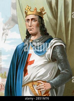 Portrait de lithographie de couleur ancienne. Louis IX le Saint (1215 - 1270). Roi de France de 1226 à 1270. Maison de Capet, Capetians directs ou Maison de Franc Banque D'Images