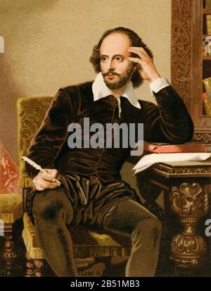 Portrait de lithographie de couleur ancienne. William Shakespeare (1564 - 1616) était un dramaturge, poète et acteur anglais. Connu à l'occasion comme le Bard d'Avon, h Banque D'Images