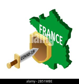 France défense contre le coronavirus COVID-19. Un coronavirus sous forme d'épée attaque le pays de France, protégé par un bouclier. Isométr. Vectoriel Illustration de Vecteur