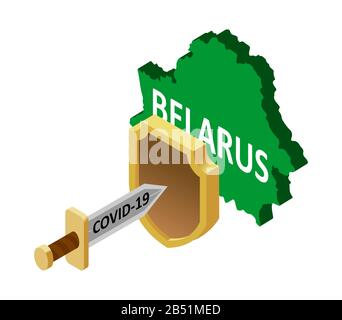 Protection du Bélarus contre le coronavirus COVID-19. Le coronavirus sous forme d'épée attaque le pays du Bélarus, protégé par un bouclier. Vecteur i Illustration de Vecteur