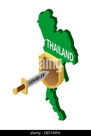 Protection de la Thaïlande contre le coronavirus COVID-19. Un coronavirus en forme d'épée attaque un pays blindé en Thaïlande. Terre isométrique vectorielle de Thailan Illustration de Vecteur