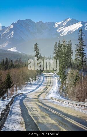 Magnifique route d'asphalte noir dans les montagnes de Tatra Banque D'Images