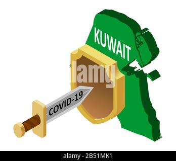 Koweït protection contre le coronavirus COVID-19. Le coronavirus sous forme d'épée attaque le pays du Koweït, protégé par un bouclier. Isomet vectoriel Illustration de Vecteur