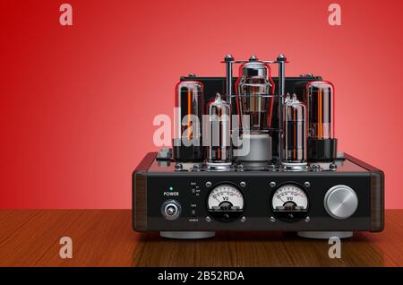 Amplificateur de tube à vide rétro sur la table en bois. Rendu tridimensionnel Banque D'Images