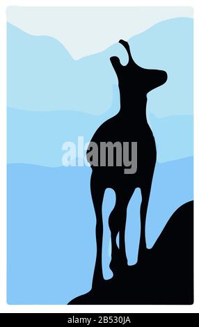 Un chamois se tient au sommet d'une colline avec des montagnes en arrière-plan. Silhouette noire avec fond bleu. Illustration vectorielle. Banque D'Images