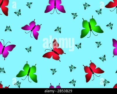 Motif naturel et sans couture. Papillons multicolores brillants sur un fond bleu. Adapté à l'impression de papier ou de fabri Banque D'Images