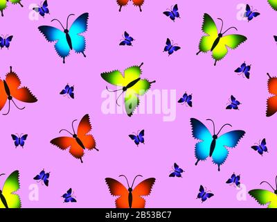 Motif naturel et sans couture. Papillons multicolores brillants dans un motif répétitif sur fond violet. Convient pour l'impression de papier ou de papier fab Banque D'Images