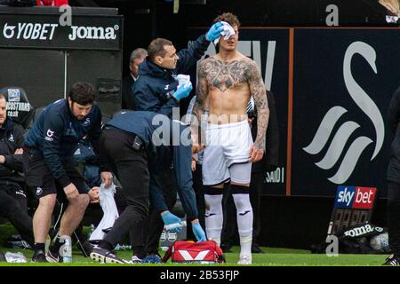 Swansea, Pays de Galles, Royaume-Uni. 7 mars 2020. Joe Rodon de Swansea City est traité pour une blessure à la tête. EFL Skybet championnat, Swansea City / West Bromwich Albion au Liberty Stadium de Swansea, Pays de Galles du Sud, le samedi 7 mars 2020. Cette image ne peut être utilisée qu'à des fins éditoriales. Utilisation éditoriale uniquement, licence requise pour une utilisation commerciale. Aucune utilisation dans les Paris, les jeux ou une seule édition de club/ligue/joueur. Pic par Lewis Mitchell/Andrew Orchard sports photographie/Alay Live news crédit: Andrew Orchard sports photographie/Alay Live News Banque D'Images