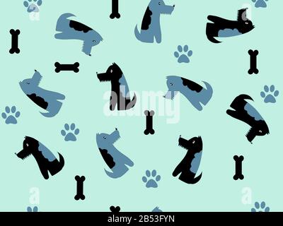 Motif enfant sans couture. Deux chiens assis dans un motif répétitif avec silhouettes d'os et de paw imprimés sur un fond bleu pastel. Banque D'Images