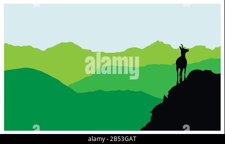 Un chamois se dresse au sommet d'une colline avec des montagnes en arrière-plan. Silhouette noire avec fond vert. Illustration. Banque D'Images