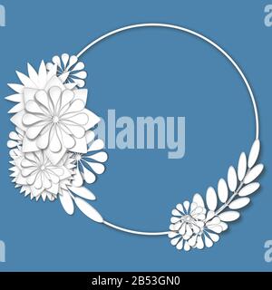 Illustration du mariage. Cercle blanc avec bordure fleurie sur fond bleu-gris. Effet de découpe du papier. Banque D'Images