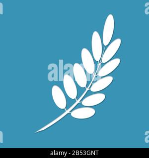 Brindille blanche avec feuilles diagonalement sur fond gris-bleu. Effet de découpe du papier. Banque D'Images