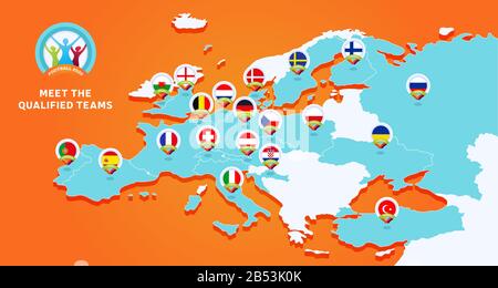 European 2020 football Championship illustration vectorielle avec une carte de l'Europe avec les pays mis en évidence drapeau qui qualifié à la dernière étape et logo si Illustration de Vecteur