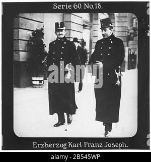 Projection Für Alle - Der Weltkrieg: Siegreiche Führer. Série 60. N° 18. Erzherzog Karl Franz Joseph. Karl I. (1887 - 1922) guerre von 1916 bis zu seinem Verzicht auf The Thron 1918 letzter Kaiser von Österreich. - Die Firma „projection für Alle“ wurde 1905 von Max Skladanowsky (1861-1939) gegründet. Sie produzierte bis 1928 FAST 100 Serien zu je 24 Glassdias im format 8,3 x 8,3 cm im sog. Bromsilber-Gelatin-Trockenplatten Verfahren. Die Serien umfasten vor allem Städte, Länder, Landschaften aber auch Märchen und Sagen, das Alte Testament und den Ersten Weltkrieg. Banque D'Images