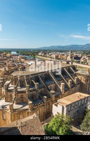 Vue sur la cathédrale de Tortosa et les bâtiments de la ville, Catalogne, Tarragone, Espagne. Vertical Banque D'Images