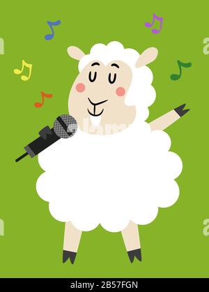 Illustration d'une mascotte de mouton avec Yeux fermés tenant un microphone Chantant avec des notes musicales Autour Banque D'Images