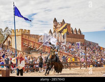 Gold Canyon, Arizona, États-Unis - 29 février 2020: Un participant de tournoi joutant un cheval en costume tenant un drapeau au Renaissance Festival Banque D'Images