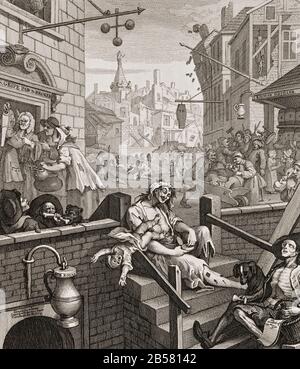 Gin Lane, De Beer Street Et Gin Lane. Une scène de désolation urbaine avec des Londoniens rêvés de gin, notamment une femme qui laisse son enfant tomber à sa mort et un ballade-vendeur émacié; en arrière-plan est la tour de St George's Bloomsbury. William Hogarth, 1751 Banque D'Images