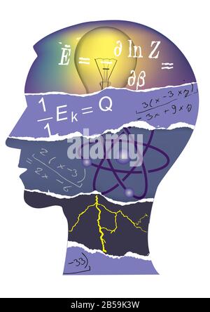 Étudiant en physique, silhouette de collage en papier. Silhouette stylisée à tête mâle avec du papier déchiré avec des symboles et des notes de physique. Vecteur disponible Illustration de Vecteur