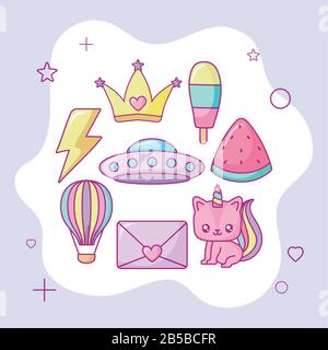 kawaii unicorn et de jolies icônes violettes sur fond, design coloré, illustration vectorielle Illustration de Vecteur