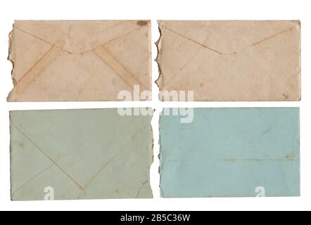 Quatre anciennes enveloppes décolorées sur fond blanc à partir de 1924. Il s'agit d'une numérisation haute résolution affichant tous les détails. Banque D'Images