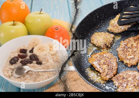 Petit déjeuner sain et malsain. Flocons d'avoine avec raisins secs dans un bol blanc. Fruits. Steaks frits. Banque D'Images