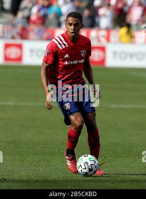 Le défenseur du FC Dallas Reggie Cannon (2) lors d'un match de football MLS contre l'impact de Montréal, le samedi 7 mars 2020, à Frisco, Texas, États-Unis. (Photo par IOS/ESPA-Images) Banque D'Images