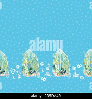 Style de vie hygge vectoriel boder à effet de serre exotique avec des plantes, serre-verre, ustensile de jardin sur fond bleu parsemé. Joyeux motif plantes tropicales. Parfait pour les amoureux du jardin et des plantes. Illustration de Vecteur