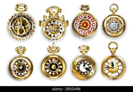 Ensemble de montres anciennes, bijoux, anciennes, dorées, décorées de motifs et de pignons en laiton sur fond blanc. Style Steampunk. Montre de poche vintage. Illustration de Vecteur