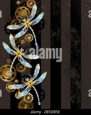 Conception avec des libellules dorées et mécaniques, décorées avec des ailes bleues en verre avec des pignons en or et en laiton sur fond rayé, texturé et marron. Steampu Illustration de Vecteur