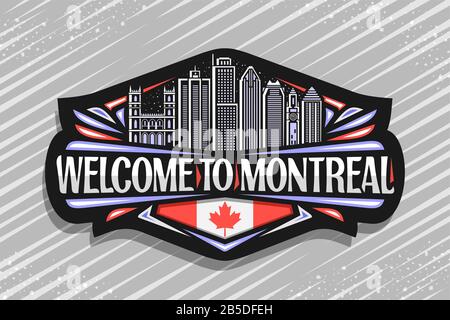 Logo vectoriel pour Montréal, signalisation décorative noire avec illustration du célèbre paysage de la ville de montréal sur fond du ciel du soir, réfrigérateur aimant wi Illustration de Vecteur