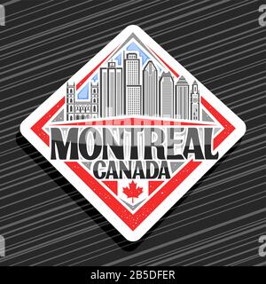 Logo vectoriel pour Montréal, badge de rhombus décoratif blanc avec illustration du célèbre paysage de la ville de montréal sur fond de ciel, design réfrigérateur aimant avec Illustration de Vecteur