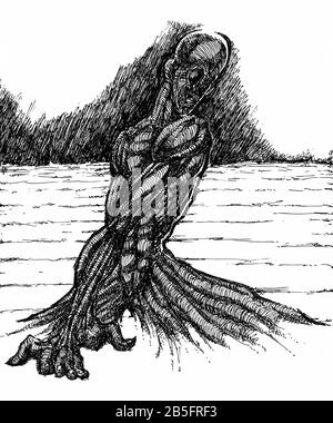 Dessin D'Encre (Travail De Hachures) De Corps Musclé Détaillé Contorqué Dans Un Style Unique Texturé. Illustration du manuel artistique tournée vers Vector. Douleur, Agonie, Illustration de Vecteur