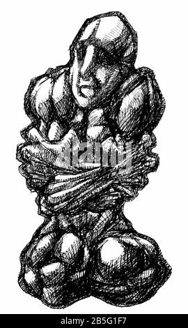 Dessin D'Encre (Travail De Hachures) De Corps Musclé Détaillé Contorqué Dans Un Style Unique Texturé. Illustration du manuel artistique tournée vers Vector. Douleur, Agonie, Illustration de Vecteur