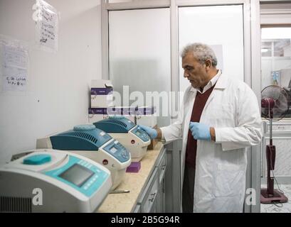 (200308) -- LE CAIRE, le 8 mars 2020 (Xinhua) -- Ali Mohamed Zaki, professeur de microbiologie et d'immunité à la Faculté de médecine de l'Université Ain Shams, travaille dans un laboratoire au Caire, en Egypte, le 7 mars 2020. POUR ALLER AVEC 'Interview: La Chine maintient avec succès le contrôle de l'infection de COVID-19: MERS découvreur' (Xinhua/Wu Huiwo) Banque D'Images