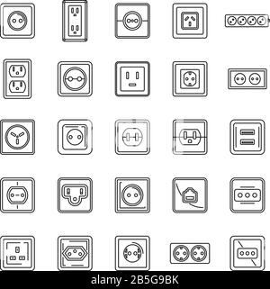 Jeu d'icônes de prise d'alimentation électrique. Ensemble de contours d'icônes vectorielles de prise d'alimentation électrique pour la conception de sites Web isolés sur fond blanc Illustration de Vecteur