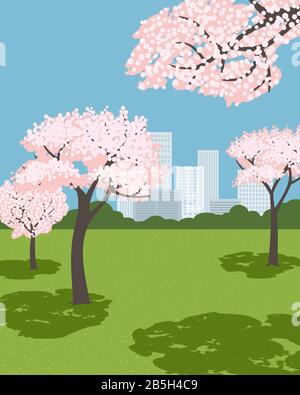 Sakura ville jardin vector en fleurs dessinées à la main Illustration de Vecteur