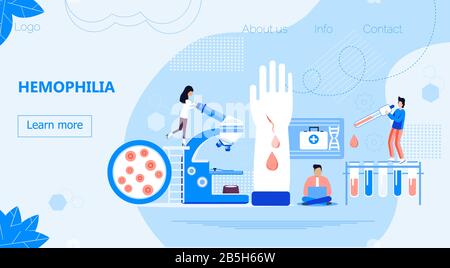 Vecteur concept d'hémophilie. De minuscules médecins examinent la non-coagulabilité du sang , traitent le patient. Main avec un saignement, blessure non guérie. Détaillé Illustration de Vecteur