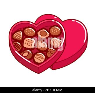 Boîte de chocolats en forme de coeur ouverte, cadeau de Saint-Valentin. Illustration d'un clip vectoriel de dessin animé isolé. Illustration de Vecteur