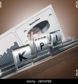 Dossier et onglets avec les lettres K, P et I et graphique de part de marché. Concept de KPI, indicateur de performance clé. Illustration tridimensionnelle. Banque D'Images