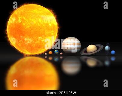 Planètes. Planète. Le système solaire sur fond noir: Le Soleil, Mercure, Vénus la Terre, Mars, Jupiter, Saturne, Neptune, Uranus. Banque D'Images