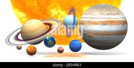 Planètes. Planète. Le système solaire sur fond blanc. Couper. Soleil, Mercure, Vénus, Terre, Mars, Jupiter, Saturne, Neptune, Uranus. Banque D'Images