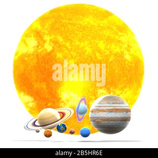 Planètes. Planète. Le système solaire sur fond blanc. Soleil, Mercure, Vénus, La Terre, Mars, Jupiter, Saturne, Neptune, Uranus. Banque D'Images
