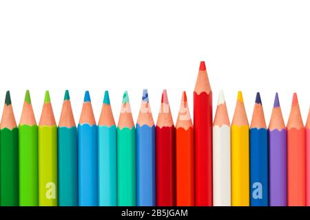 Crayons de couleur disposés horizontalement en une ligne sur fond blanc avec un debout hors du reste, avec de l'espace pour le texte. C'est le symbole du leadership. Banque D'Images