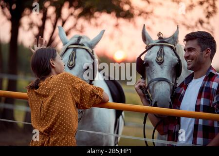 Couple souriant sur le ranch au coucher du soleil préparant leurs beaux chevaux pour une promenade Banque D'Images