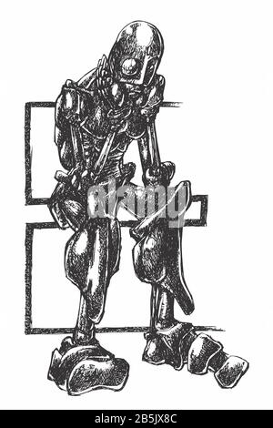 Dessin D'Encre (Travail De Hachures) D'Un Robot Humanoïde Détaillé (Posture De Pensée Assise) Dans Un Style Texturé. Illustration Du Manuel Artistique. Dépression Anxiété Inquiétude Banque D'Images