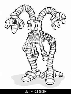 Dessin d'encre du robot avec de longs bras supplémentaires. Illustration Du Manuel De Style Dessin Artistique. Technologie, Robotique, Intelligence Artificielle. Banque D'Images