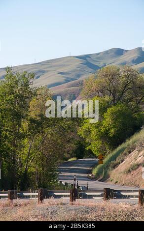 Paysage de campagne avec douces collines ondulantes avec une rue incurvée. Pris près de Wenatchee Washington, a un signe pour le comté de Chelan partager la route. Banque D'Images