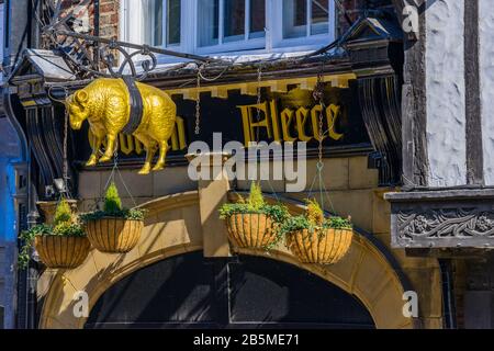 Un mouton doré suspendu au-dessus de l'entrée du Golden Fleece inn dans la vieille ville historique de York, dans le Yorkshire du Nord, en Angleterre, en avril. Banque D'Images